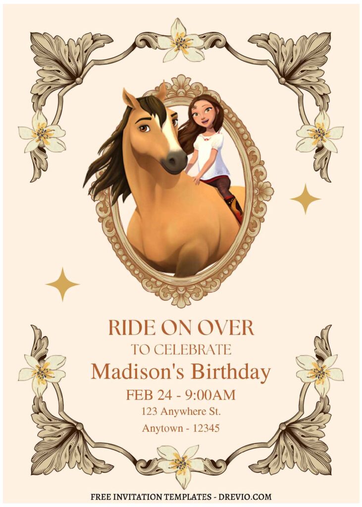 (Free Editable PDF) Happy Trail Spirit Riding Birthday Invitation Templates with vintage border