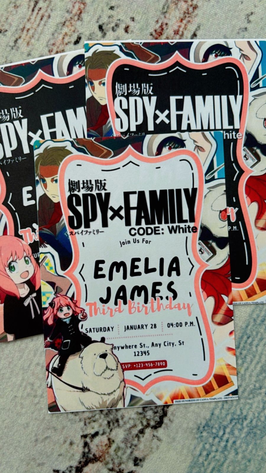 Spy-themed kids invitation with cipher symbols, magnifying glass, and mission file layout inspired by Spy x Family