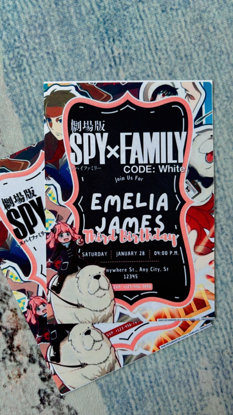 Colorful Spy x Family birthday invite collage with character-style elements, secret codes, stars, and playful espionage theme