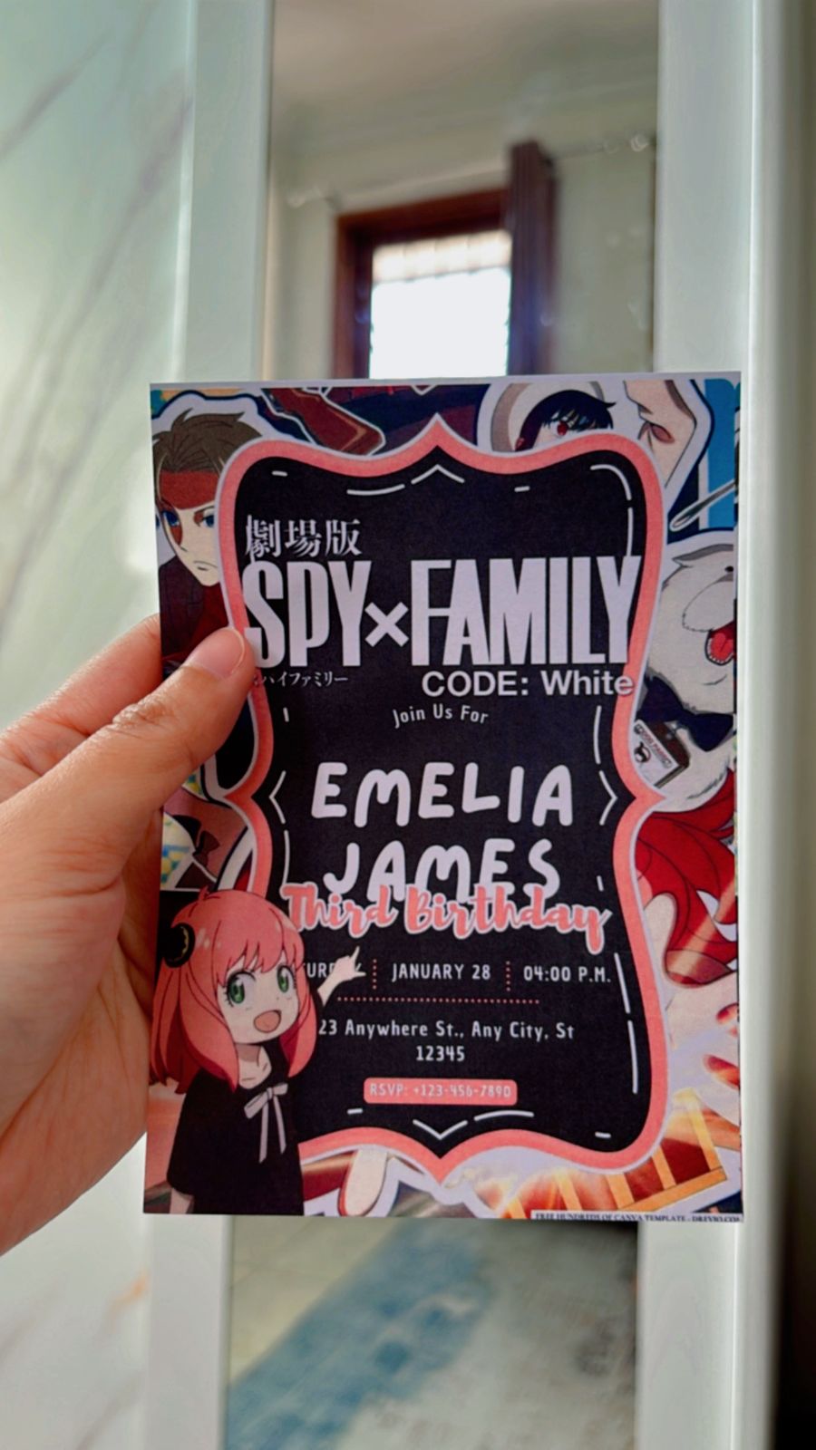 Spy x Family birthday invitation with Anya-inspired pink theme, mission brief layout, code symbols and secret agent icons