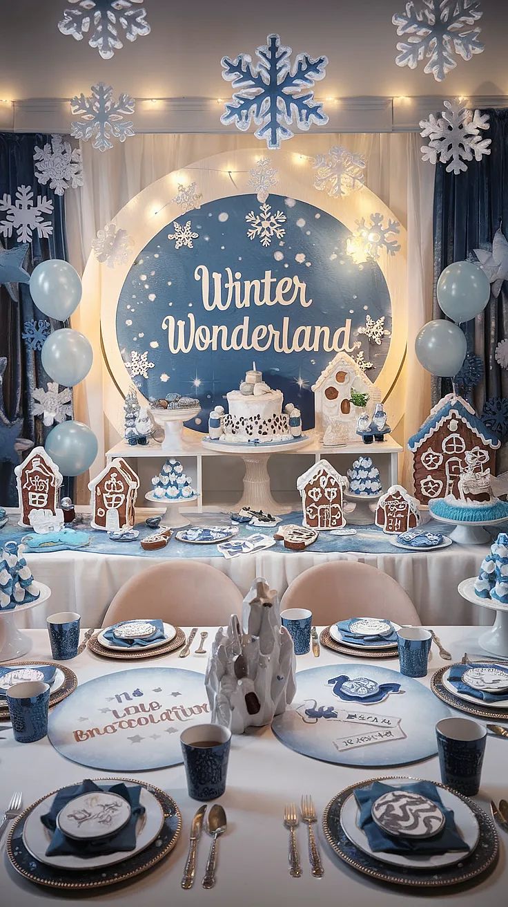 Cute Winter Snow Invitation Canva template with icy blue watercolor snowflakes, silver stars, and adorable penguin illustrations