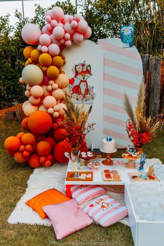 Little Fox birthday invitation Canva template featuring a cute orange fox, woodland leaves, mushrooms, and cozy forest elements