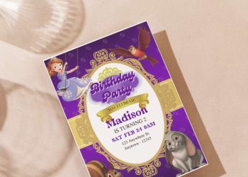 (Free Editable PDF) Elegant Princess Sofia The First Birthday Invitation Templates with adorable Sofia