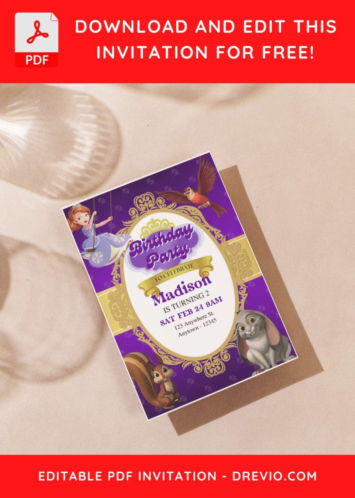 (Free Editable PDF) Elegant Princess Sofia The First Birthday Invitation Templates with adorable Sofia