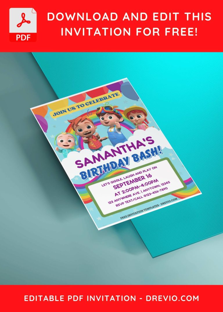 (Free Editable PDF) Cocomelon Rainbow World Birthday Invitation Templates with colorful balloon frame