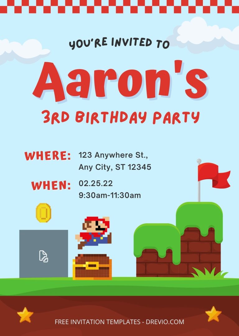 FREE Pixel Mario Birthday Invitation Templates
