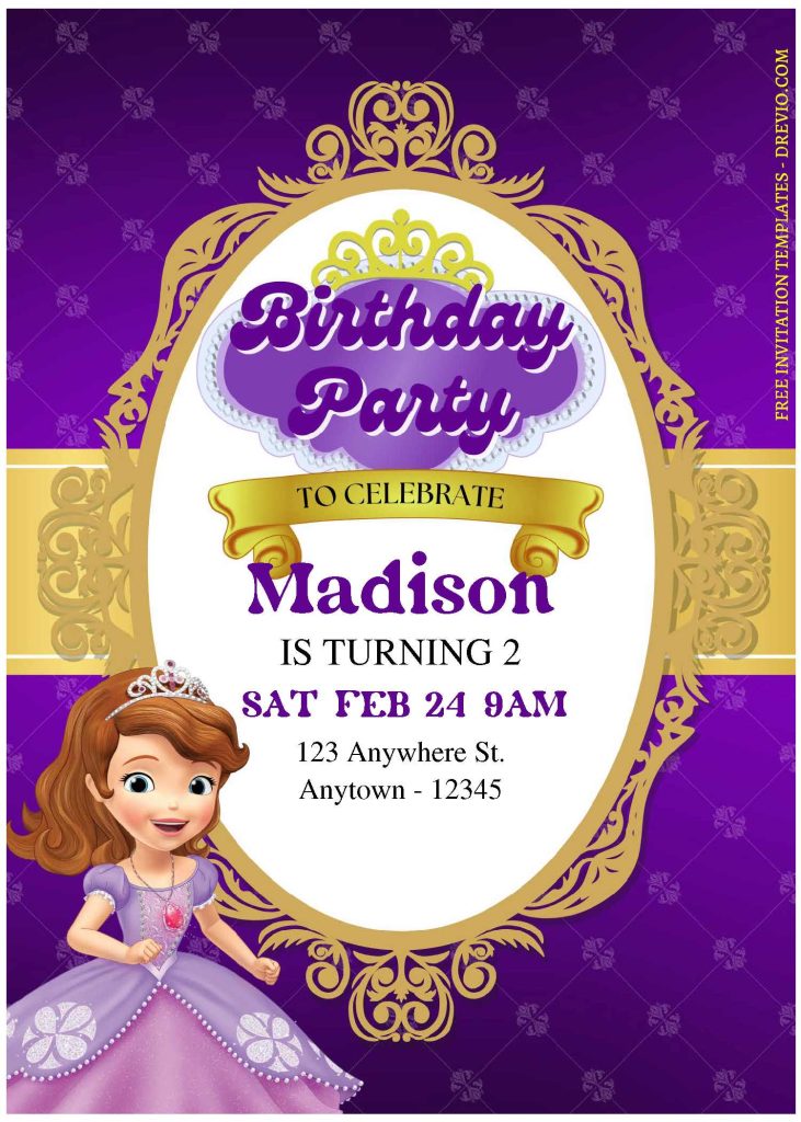 (Free Editable PDF) Elegant Princess Sofia The First Birthday Invitation Templates with vintage background