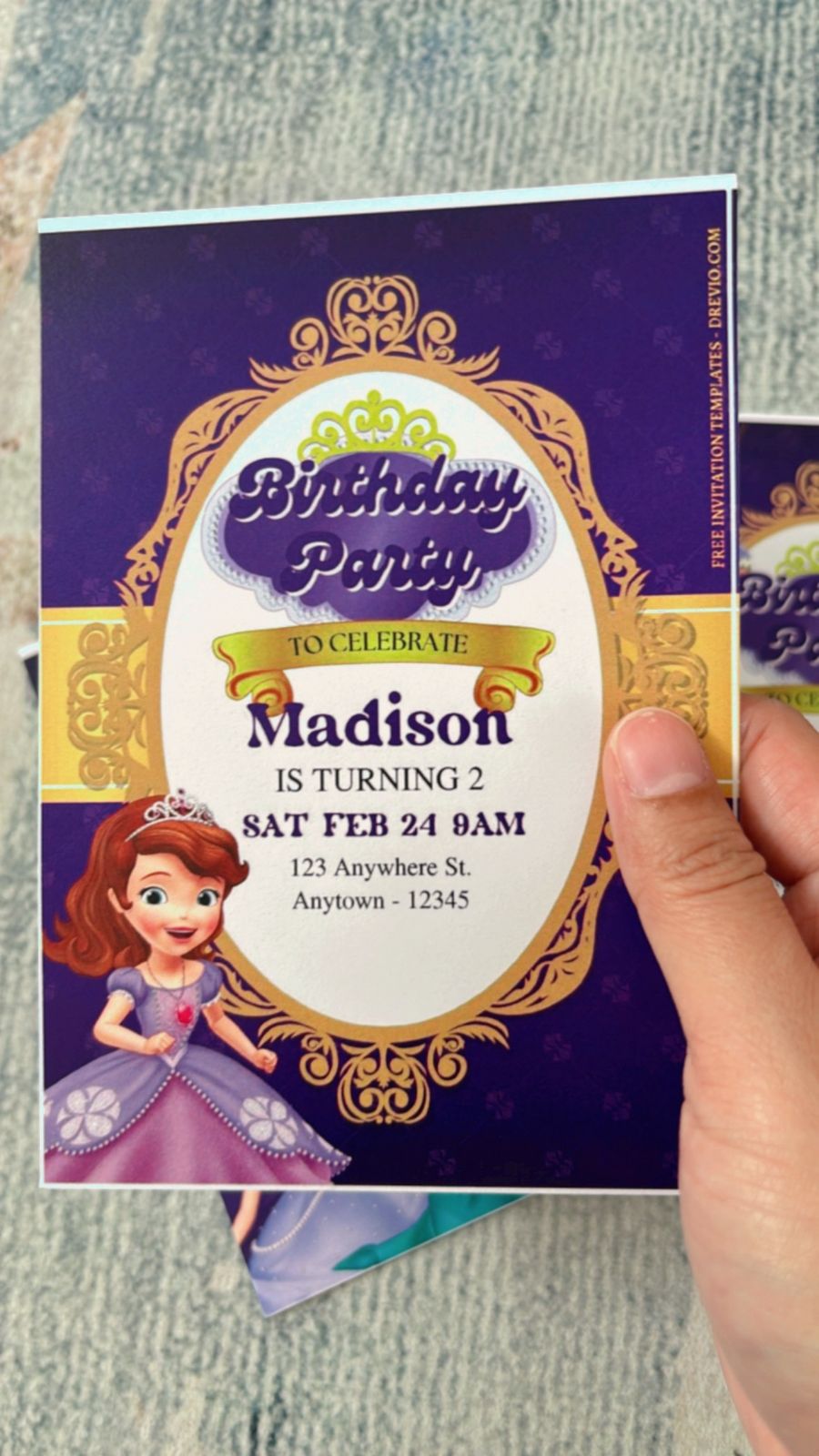 Sofia the First themed invite design with enchanted garden elements, butterflies, floral vines, and whimsical princess party style

