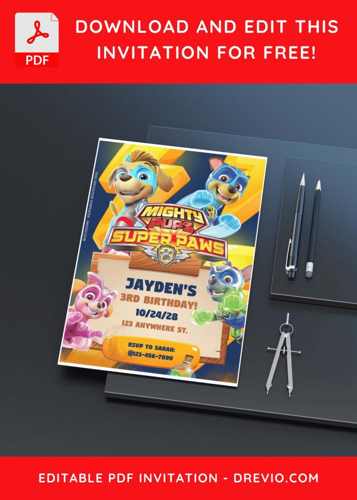 (Free Editable PDF) PAW Patrol Mighty Pups Birthday Invitation Templates A