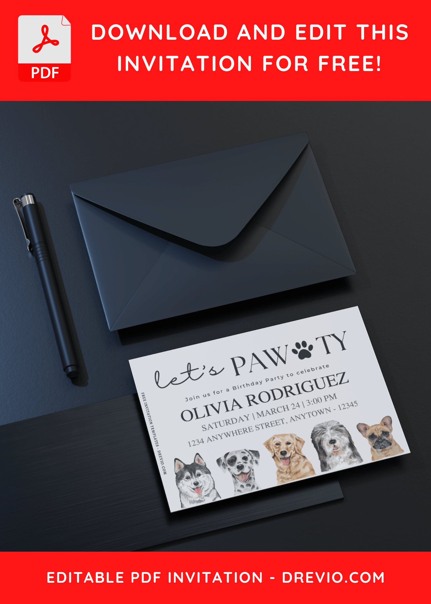 (Free Editable PDF) Let’s PAWTY Birthday Invitation Templates