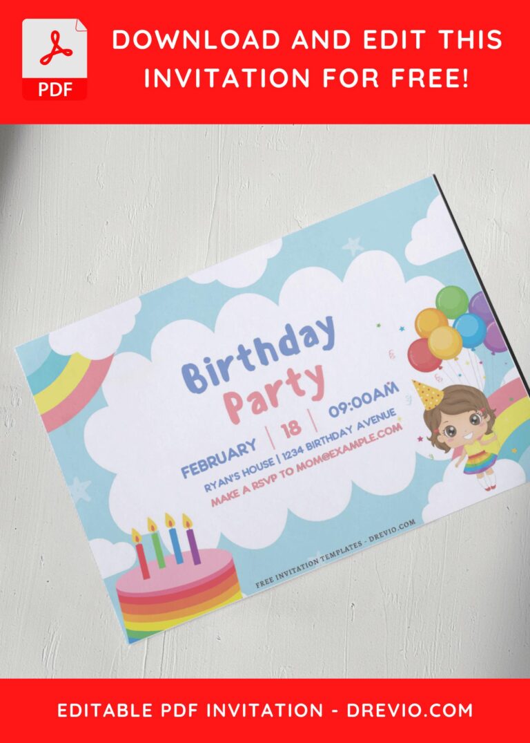 (Free Editable PDF) Rainbow Cloud Birthday Invitation Templates