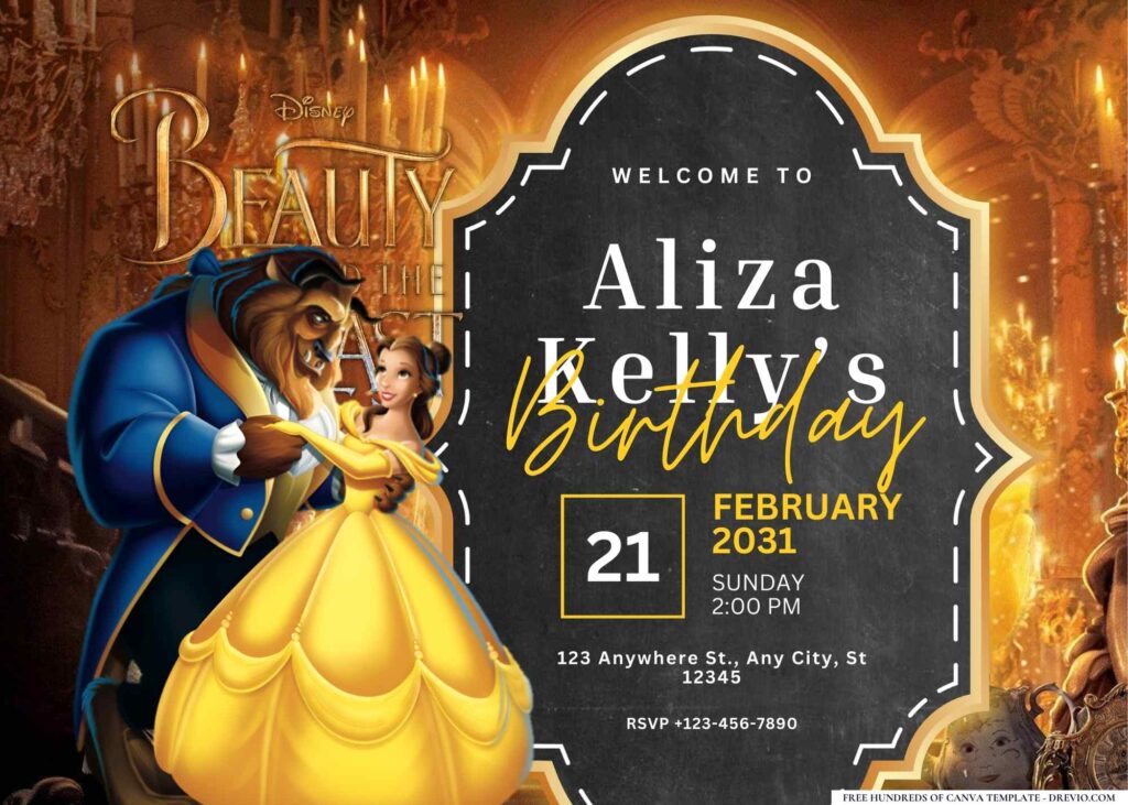 FREE Editable Beauty and the Beast Birthday Invitation