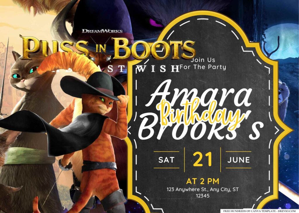 FREE Editable Puss In Boots Birthday Invitation