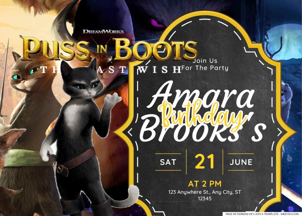 FREE Editable Puss In Boots Birthday Invitation