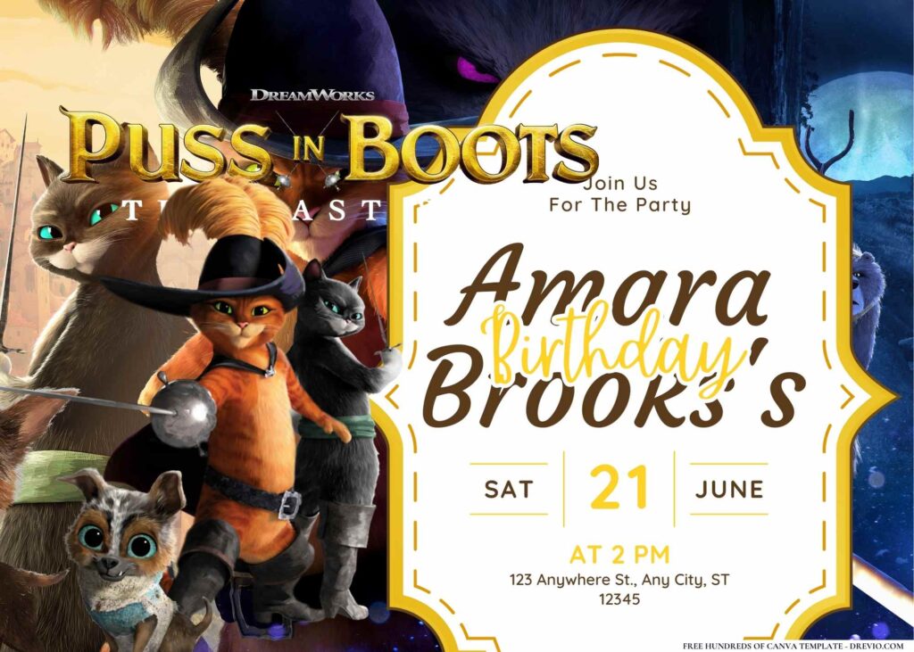 FREE Editable Puss In Boots Birthday Invitation
