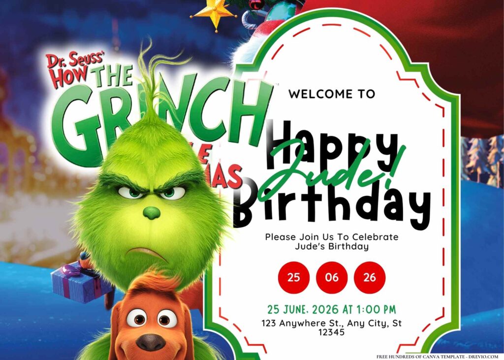 FREE Editable The Grinch Birthday Invitation