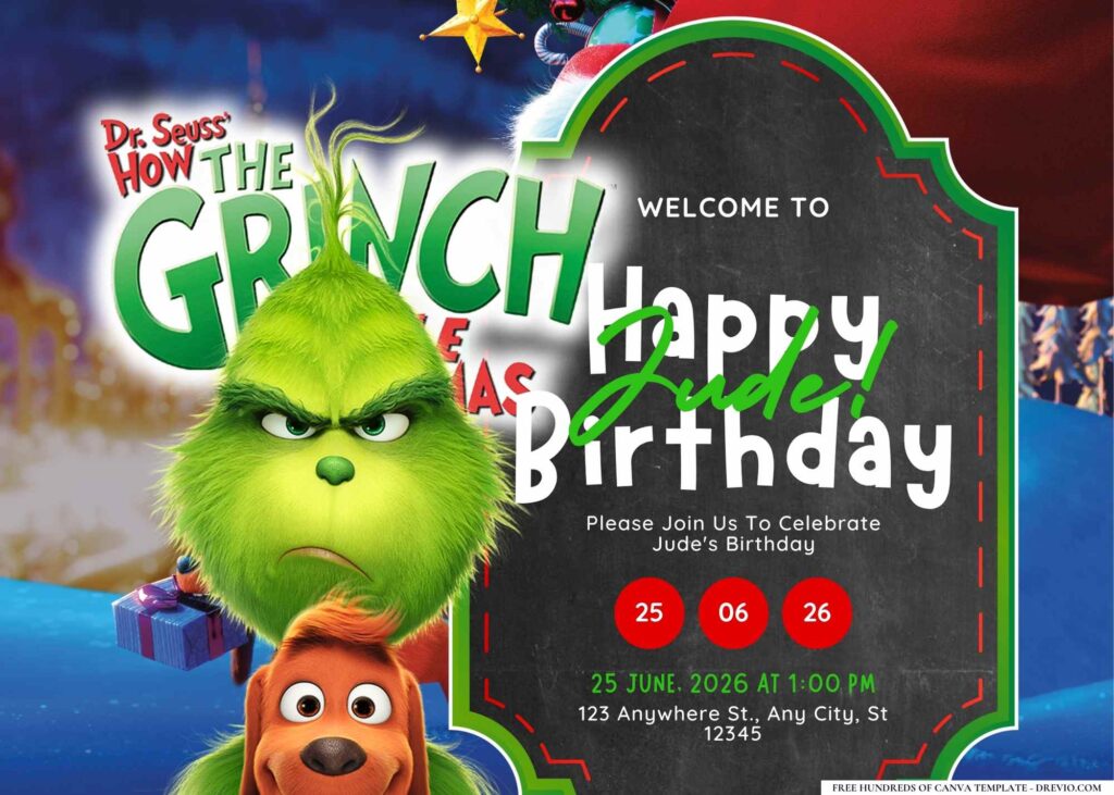 FREE Editable The Grinch Birthday Invitation