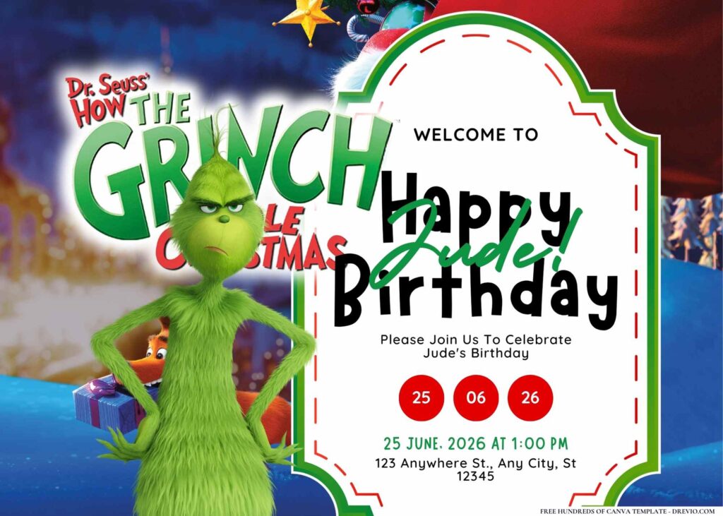 FREE Editable The Grinch Birthday Invitation