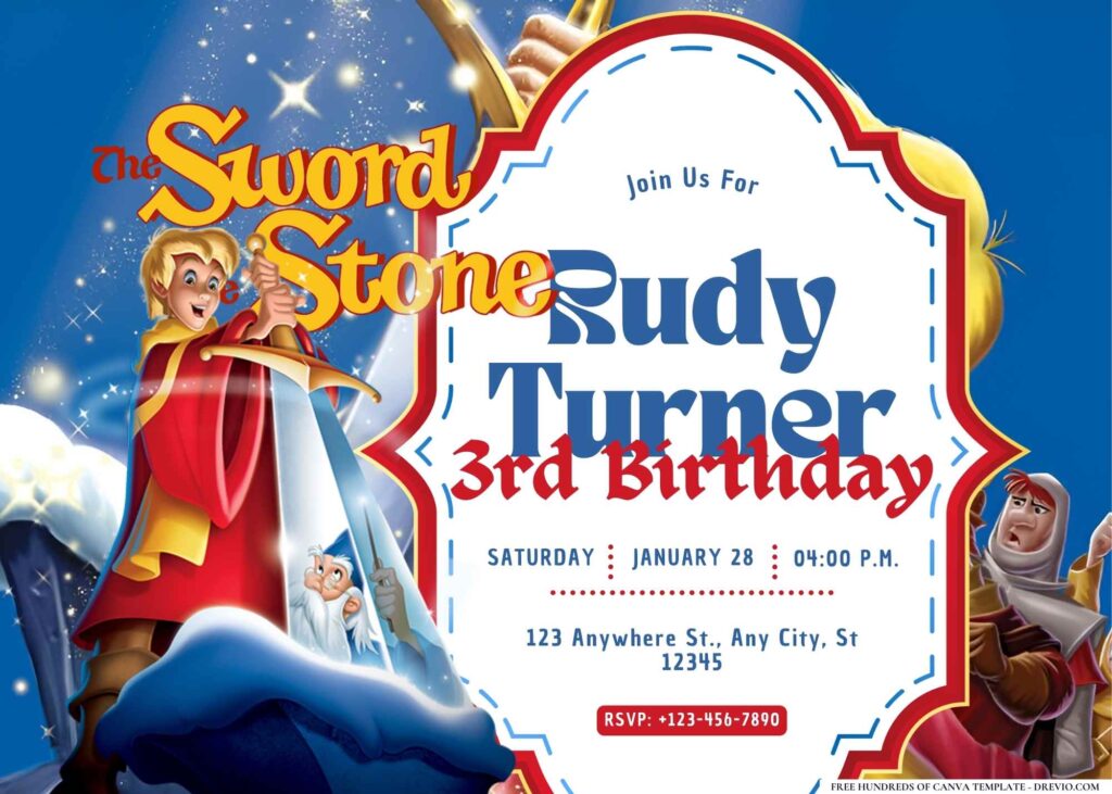 FREE Editable The Sword in the Stone Birthday Invitation