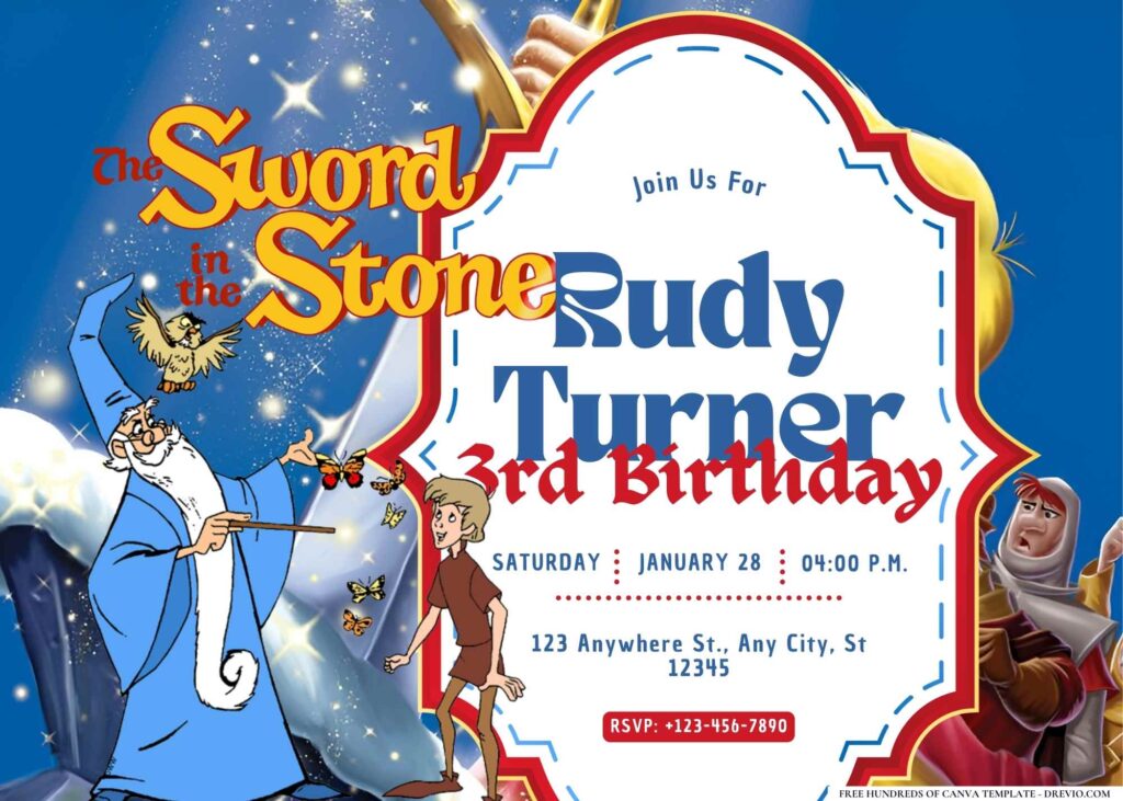 FREE Editable The Sword in the Stone Birthday Invitation