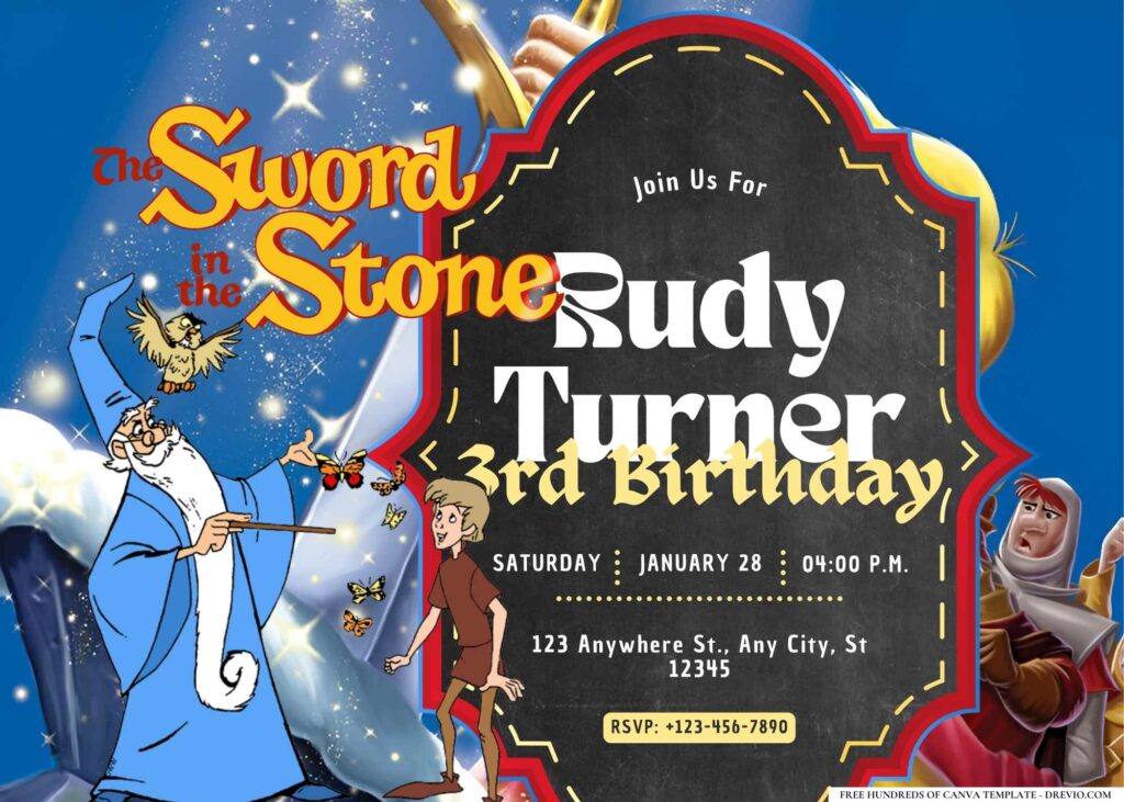 FREE Editable The Sword in the Stone Birthday Invitation