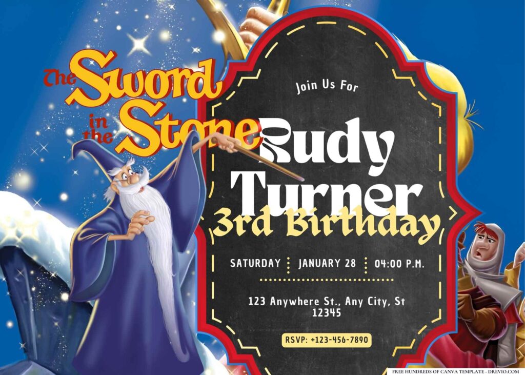 FREE Editable The Sword in the Stone Birthday Invitation