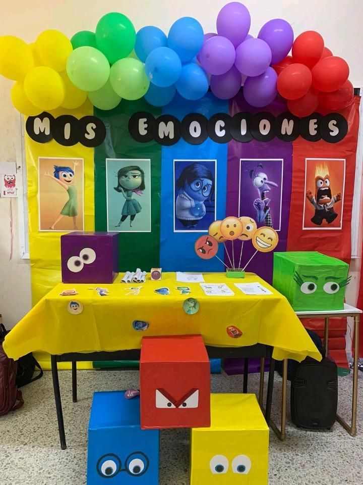 Inside Out themed invitation surrounded by colorful balloons, memory orbs, stars and cheerful birthday decorations