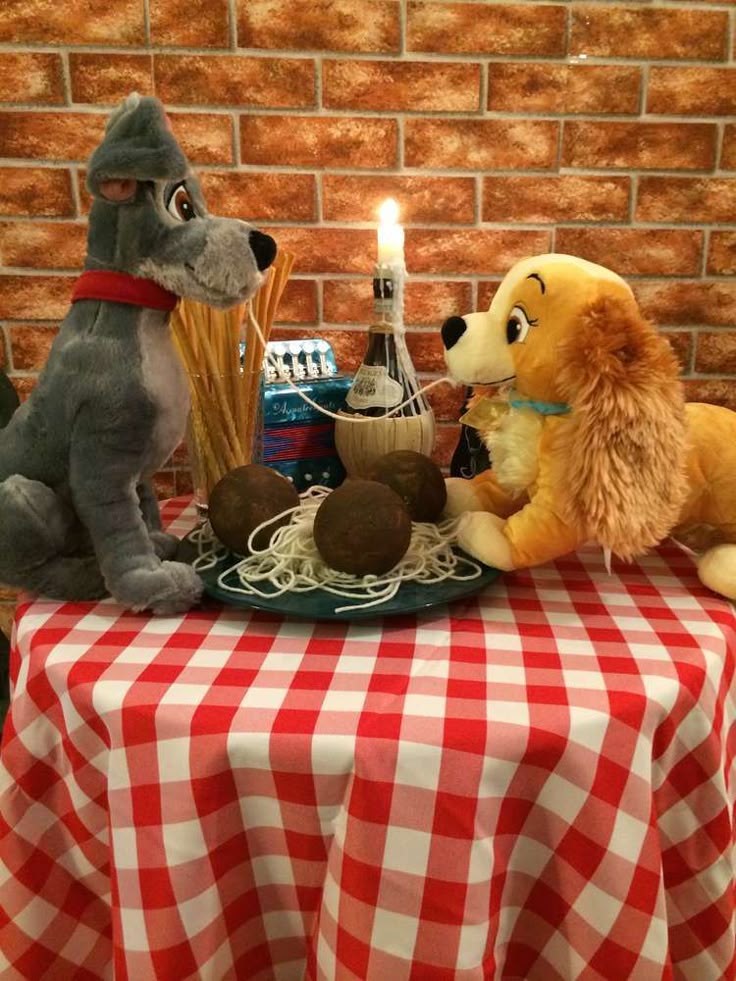 Lady and Tramp birthday invitation with Bella Notte lanterns, spaghetti dinner, red gingham picnic blanket, and paw prints