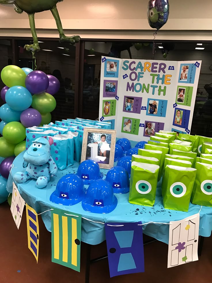 Monster Inc birthday invitation featuring Sulley, Mike Wazowski, monster doors, clouds, stars, and colorful party graphics