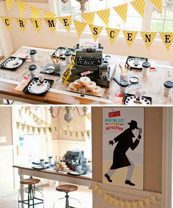 Editable Murder Mystery Invitation featuring crime scene tape, newspaper clippings, suspect lineup, and detective badge graphics