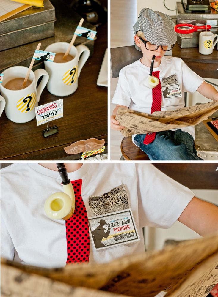 Kids Murder Mystery Invitation featuring magnifying glass, confidential file stamp, crime board, and red string clue elements