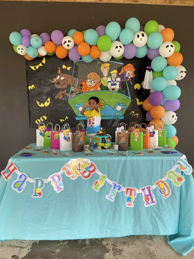 Scooby-Doo Canva birthday invitation with detective accessories, spooky castle, Mystery Machine, and colorful balloons