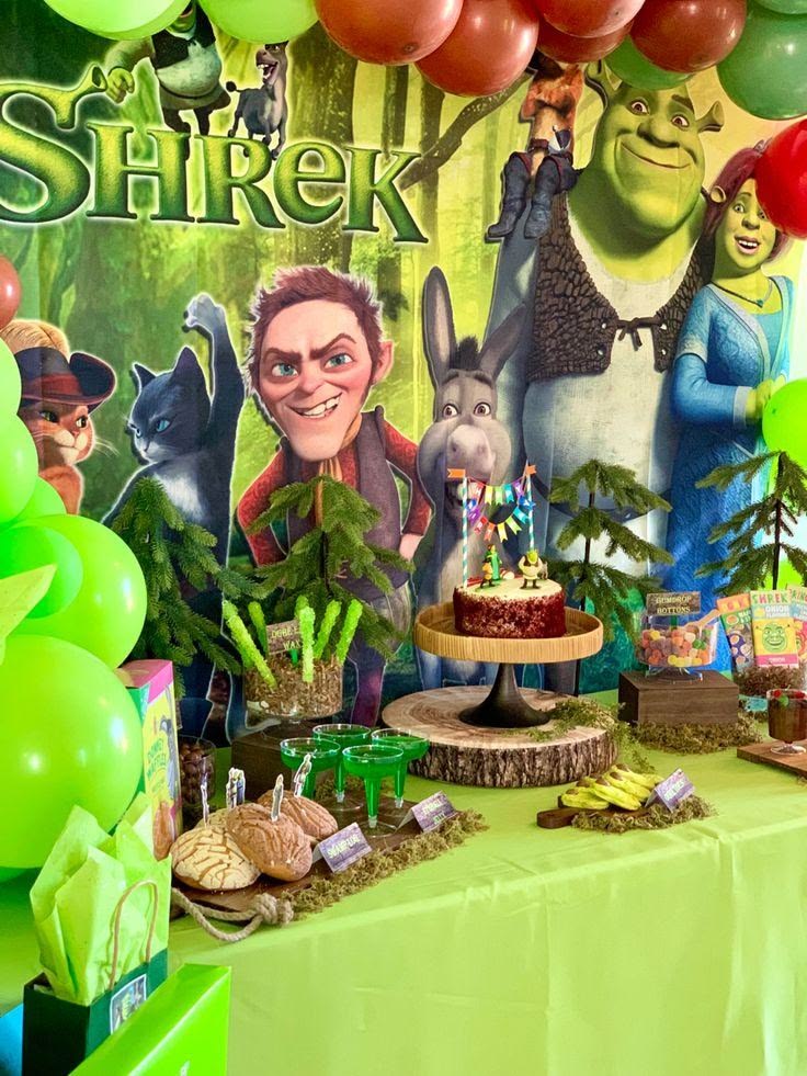 Shrek Swamp Invitation with wooden sign, moss, cattails, mushrooms, and muddy forest path