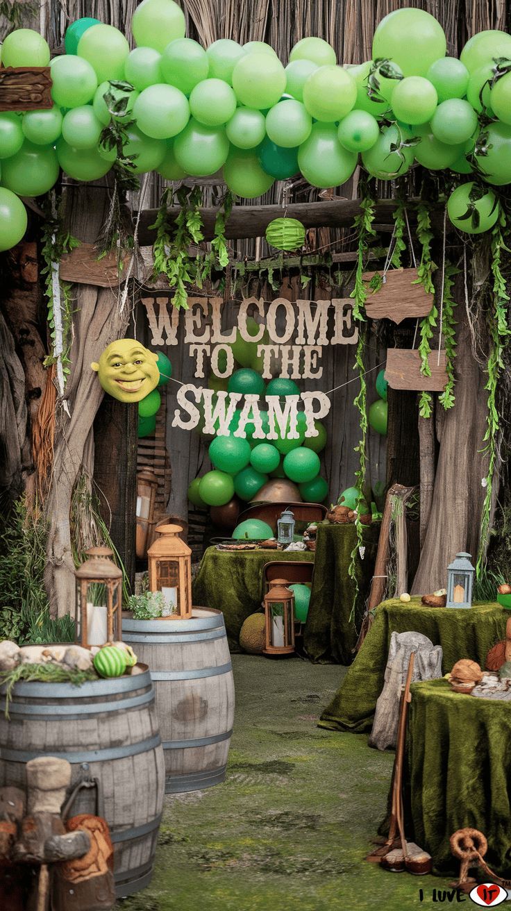 Shrek-inspired swamp birthday invitation decorated with vines, mushrooms, tree bark, and cattails