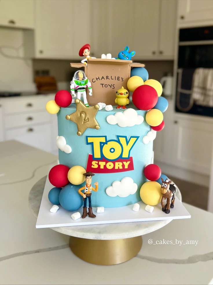 Kids' Toy Story birthday invitation featuring Woody, Jessie, Buzz, western rope border, toy train, and vibrant party elements