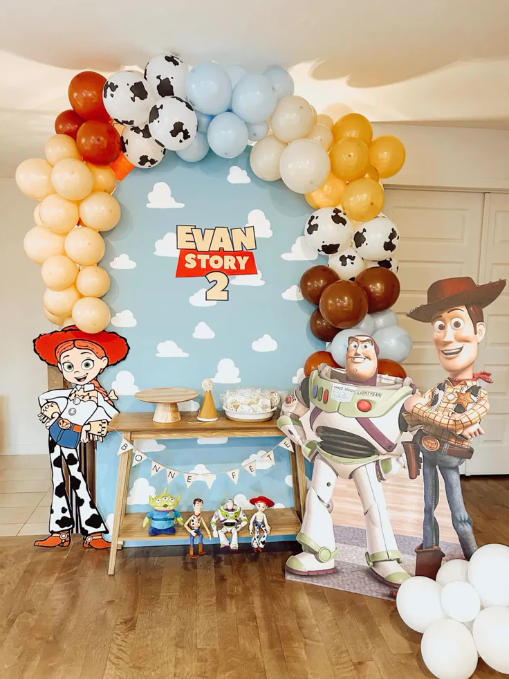 Toy Story birthday invite design with Pizza Planet theme, rocket, Buzz Lightyear, aliens, and galaxy-inspired elements