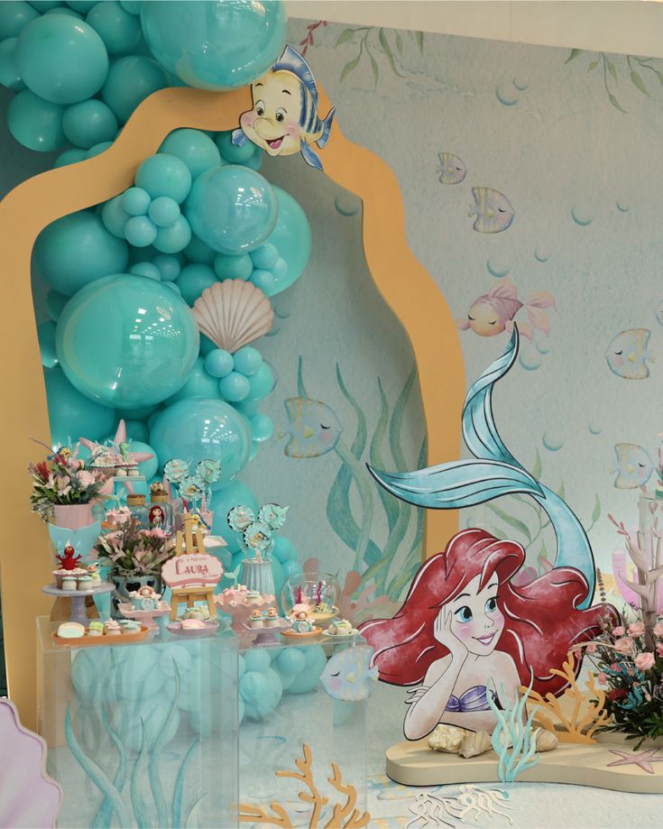 Little Mermaid invitation with Ariel, Flounder, Sebastian, coral reef, seashells, and ocean bubbles