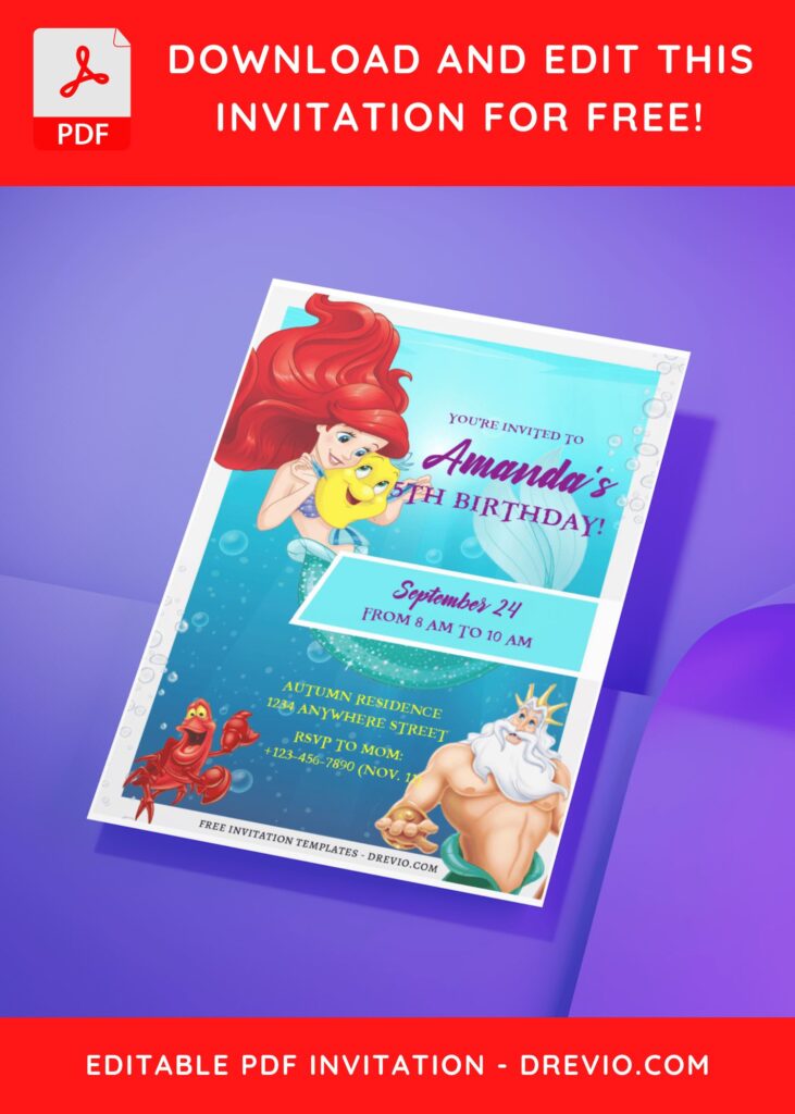 Disney Ariel Little Mermaid and Flounder Birthday Invitation Templates