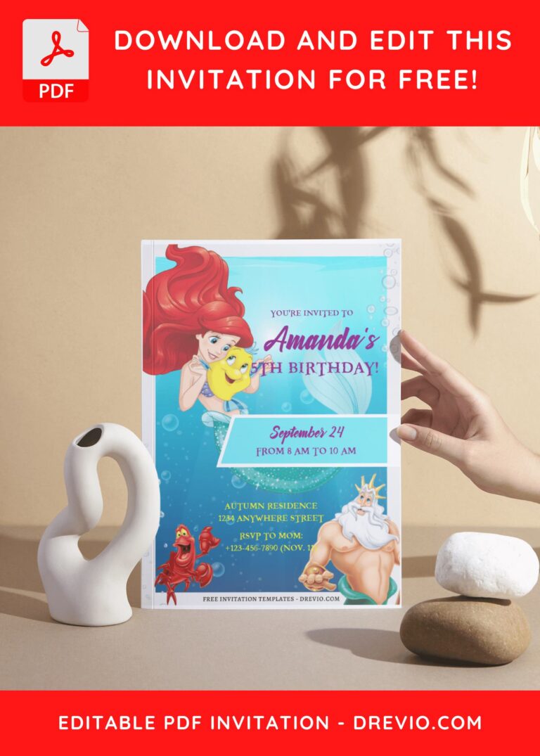 (Free Editable PDF) Cute The Little Mermaid Birthday Invitation Templates I