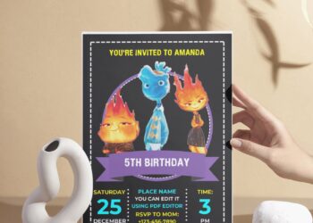 (Free Editable PDF) Colorful Chalkboard Disney Elemental Birthday Invitation Templates H