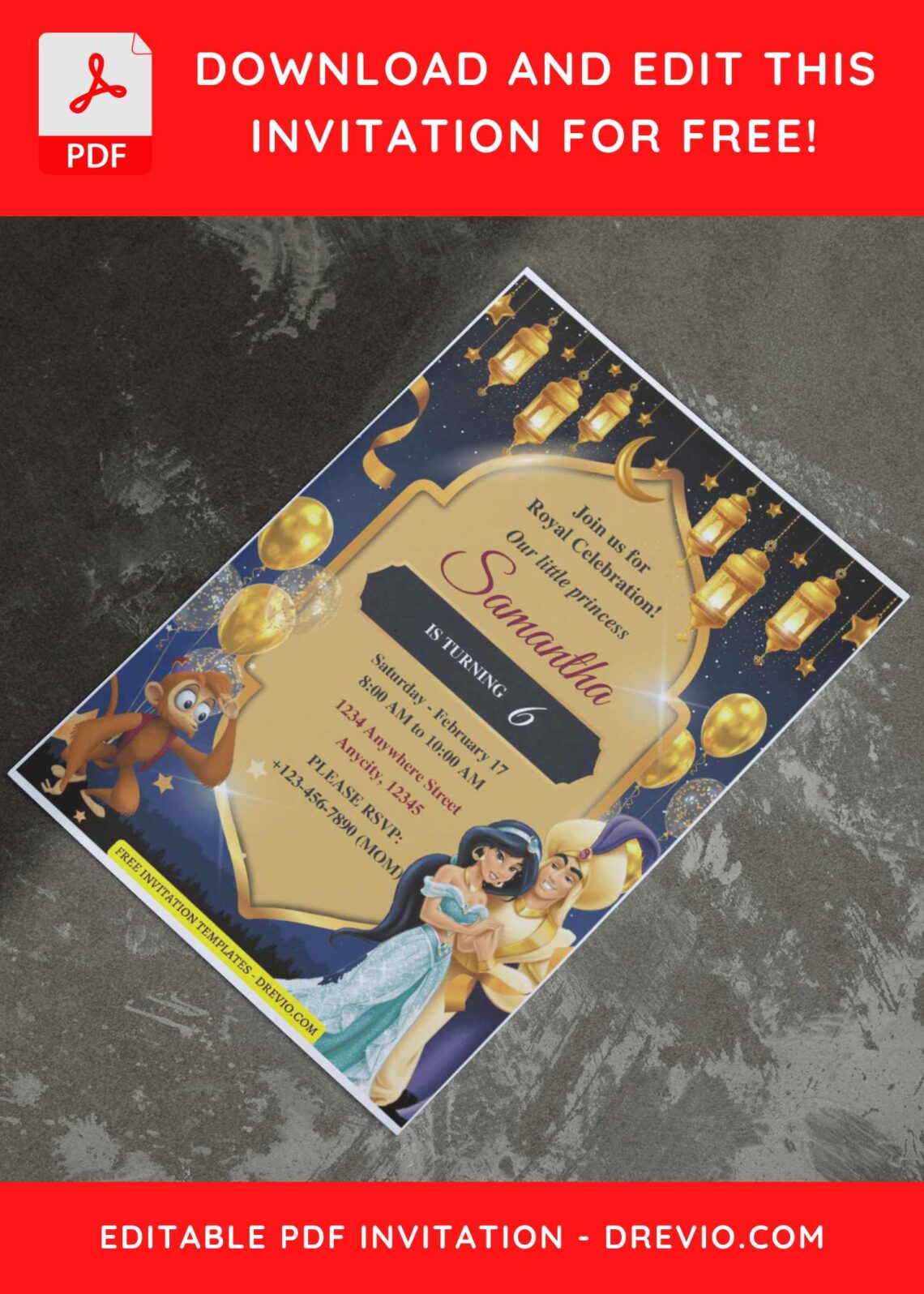 (Free Editable PDF) Majestic Aladdin Birthday Invitation Templates