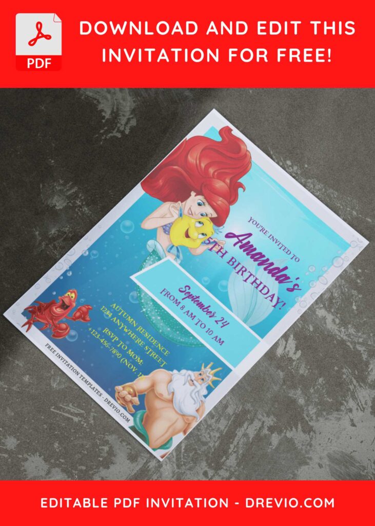 Ariel and King Triton under the sea Birthday Invitation