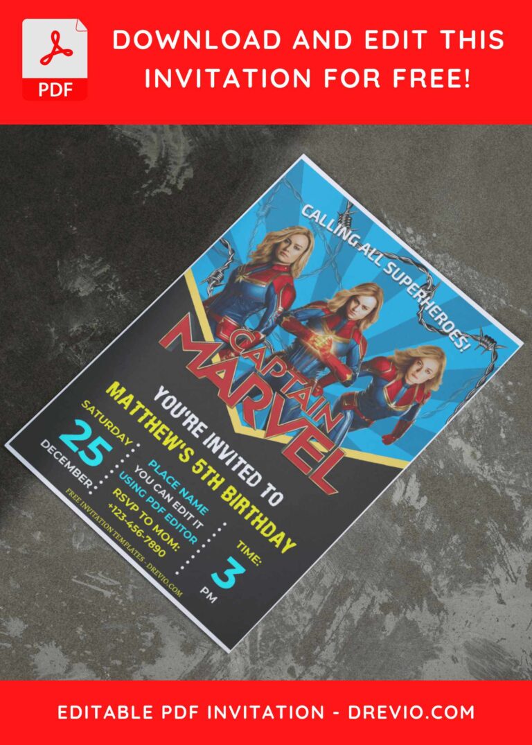 (Free Editable PDF) Captain Marvel Comic Birthday Invitation Templates E