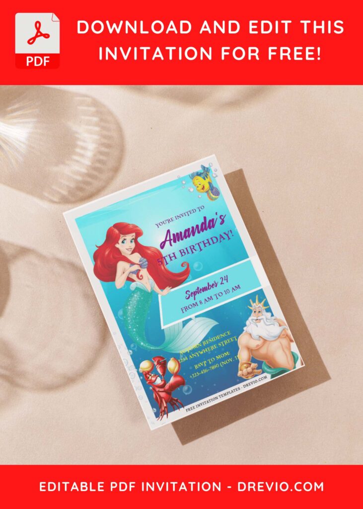 Ariel Flounder and King Triton Birthday Invitation Templates