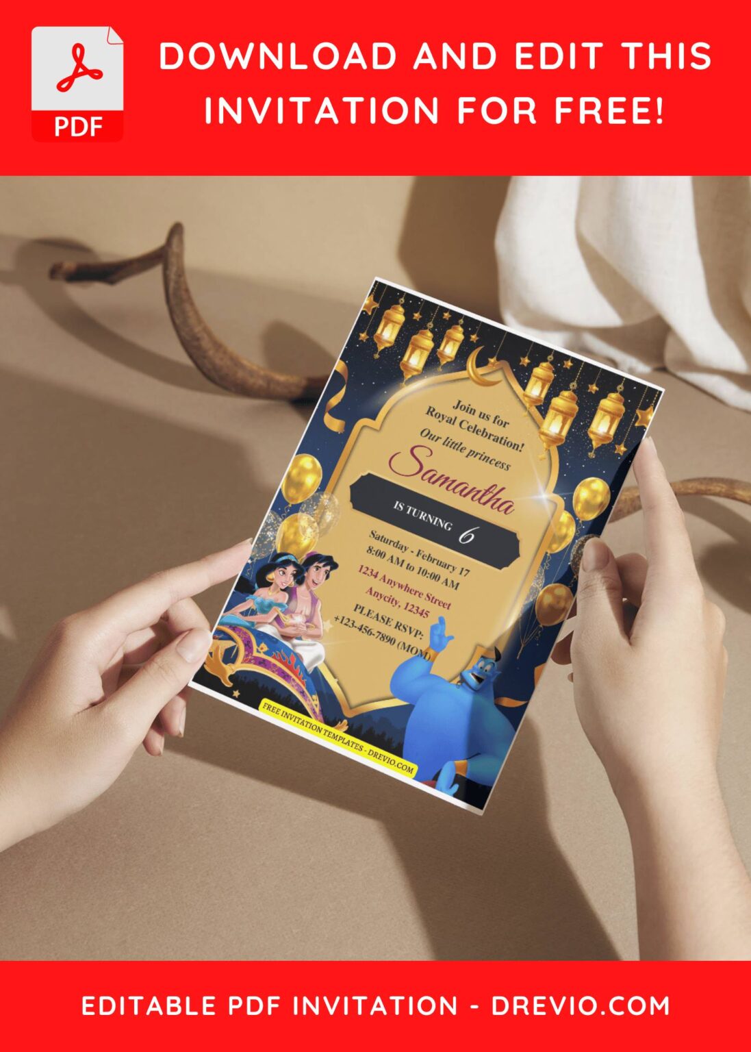 (Free Editable PDF) Majestic Aladdin Birthday Invitation Templates