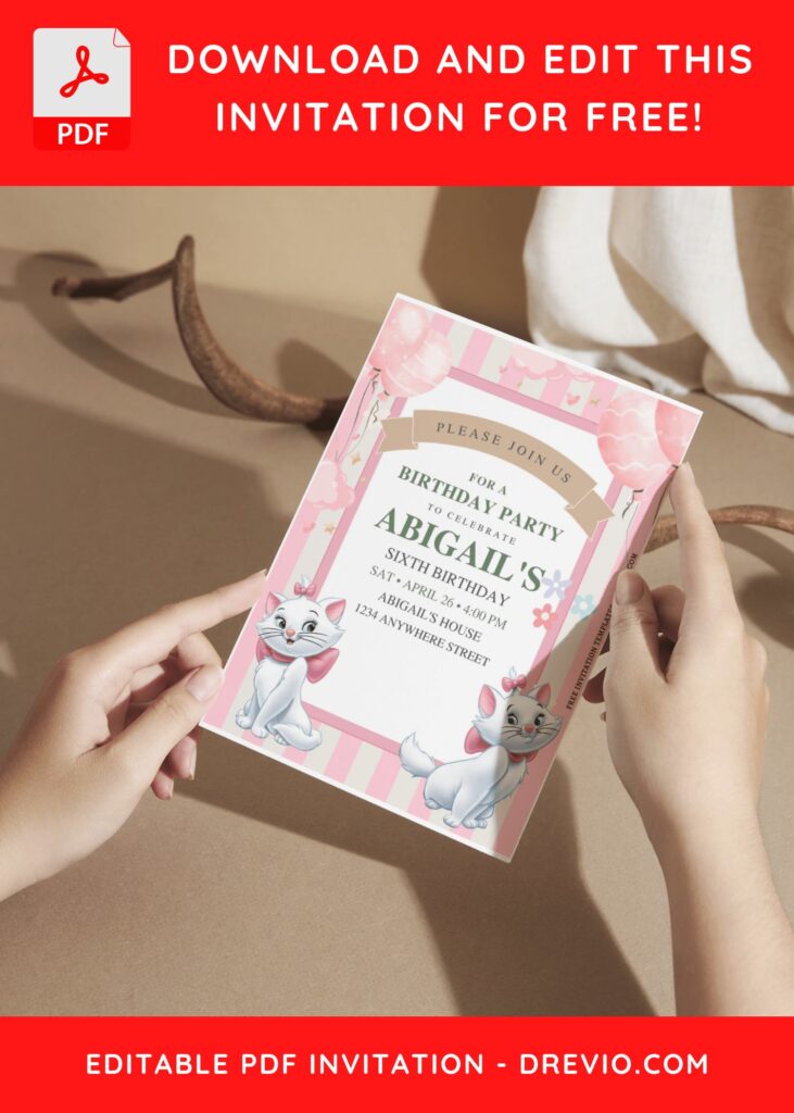 (Free Editable PDF) Charming Disney Marie The Cat Birthday Invitation Templates A