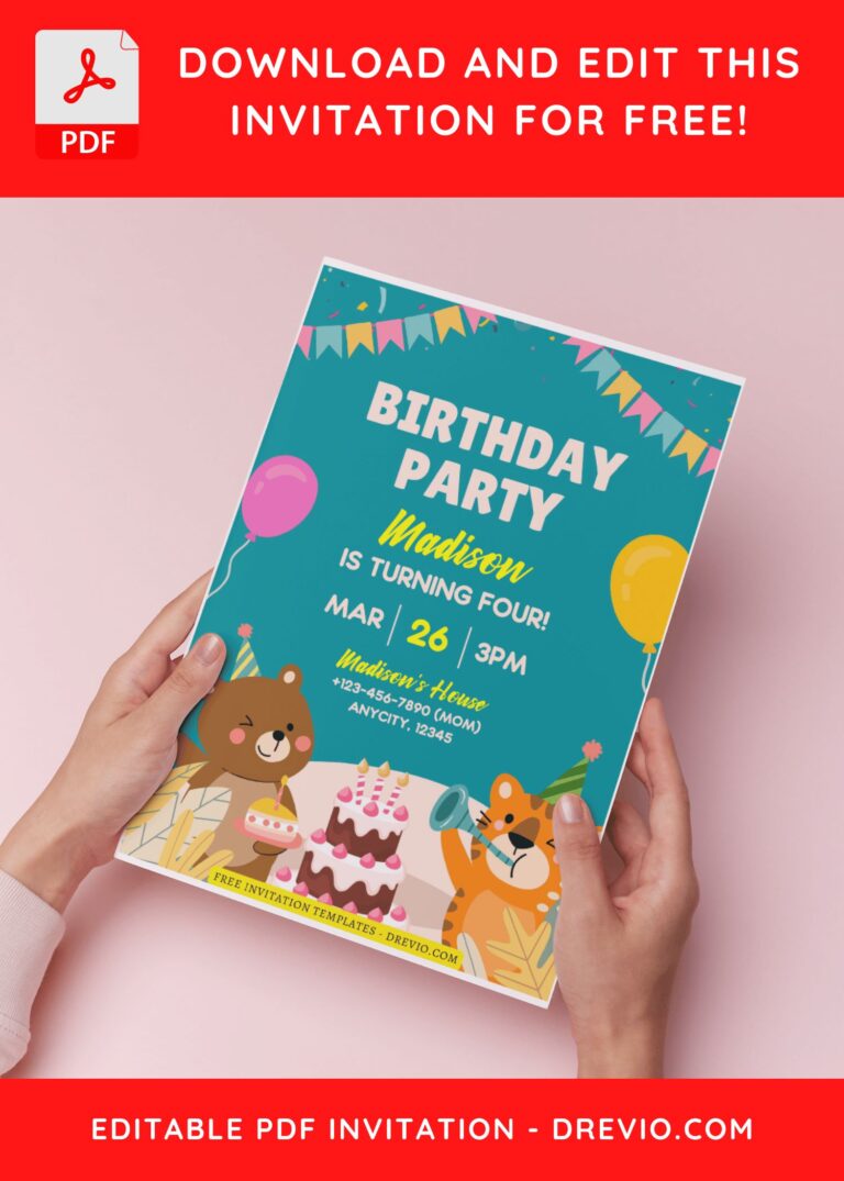 (Free Editable PDF) Joyful Party Animals Kids Birthday Invitation Templates