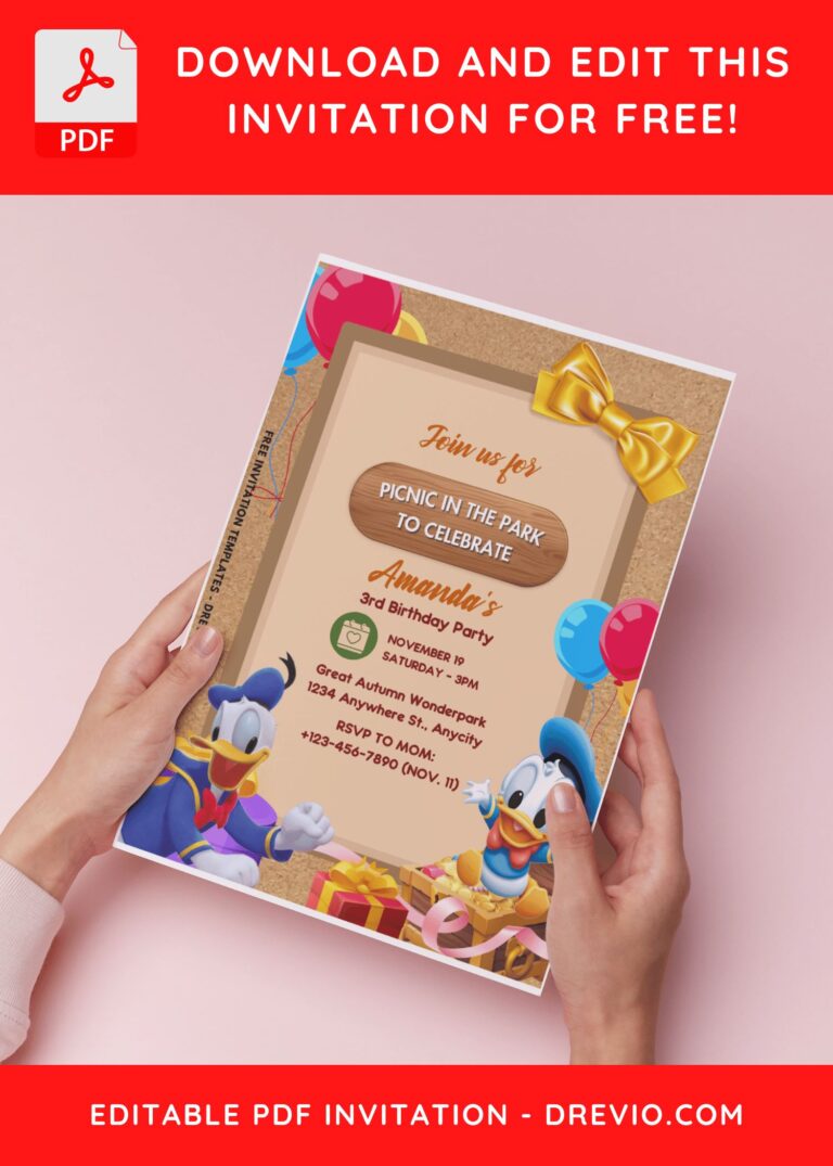(Free Editable PDF) Donald Duck Picnic Party Birthday Invitation Templates H