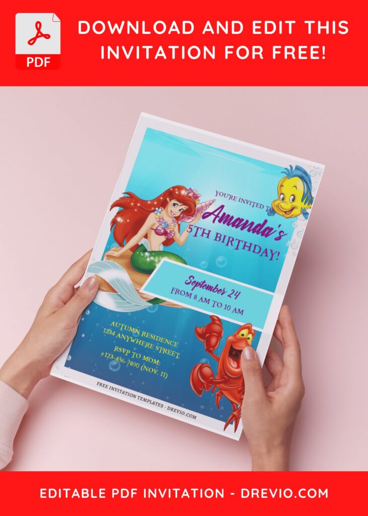 Cute The Little Mermaid Birthday Invitation Templates