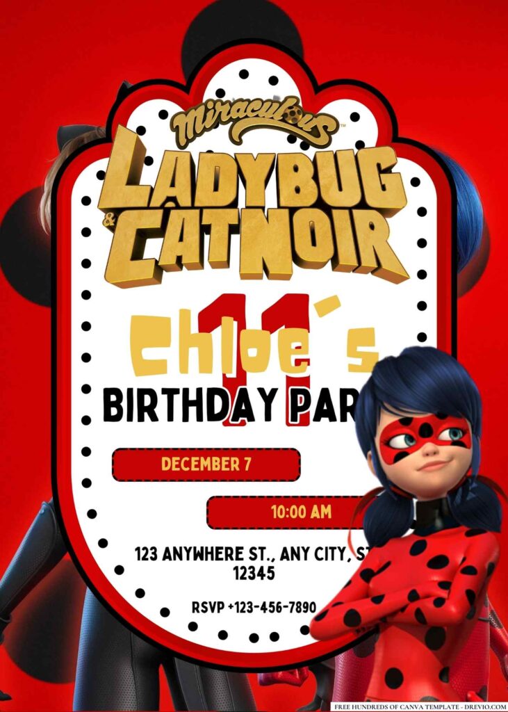Miraculous Ladybug & Cat Noir Birthday Invitation